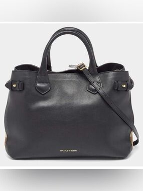 Burberry Banner Black Leather Top-Handle Tote with signature check lining/panels